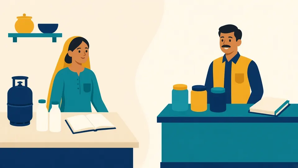 A woman managing household expenses and a shopkeeper with his khata book