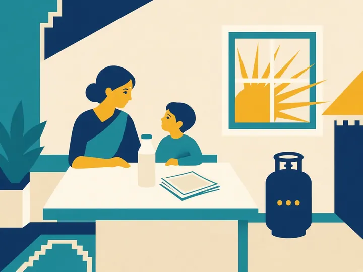A family keeping household bills, milk and a gas cylinder together at home