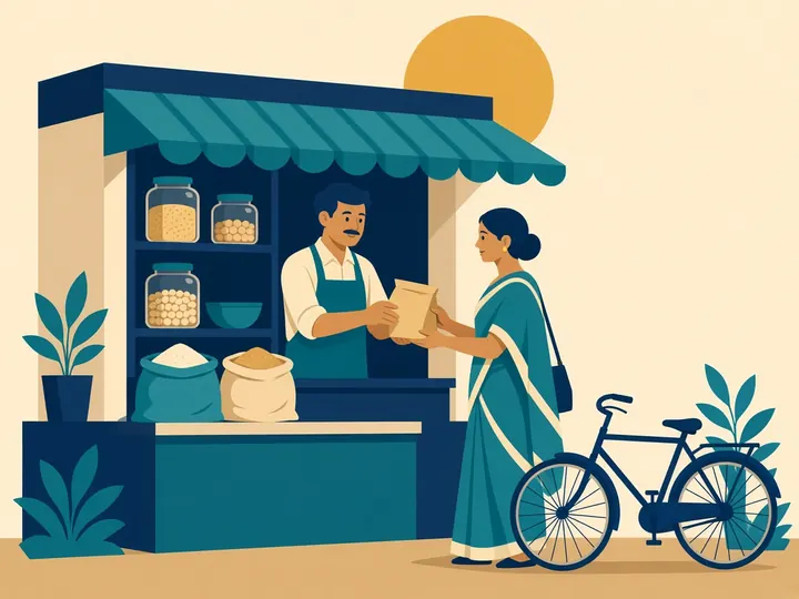 A kirana shopkeeper handing a packet to a customer